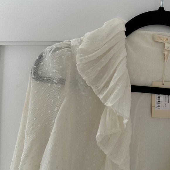 Maje Plumeti Cropped Blouse White Wrap-over Self-tie Belt Ruffle Trim V-neck - Picture 7 of 11